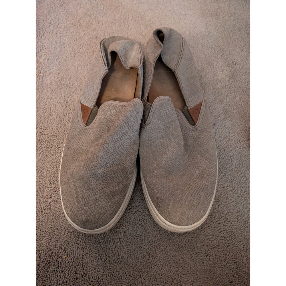 Olukai Pehuea Leather Grey Snake Embossed Slip On Sneakers Womens 9.5 20329-LH10